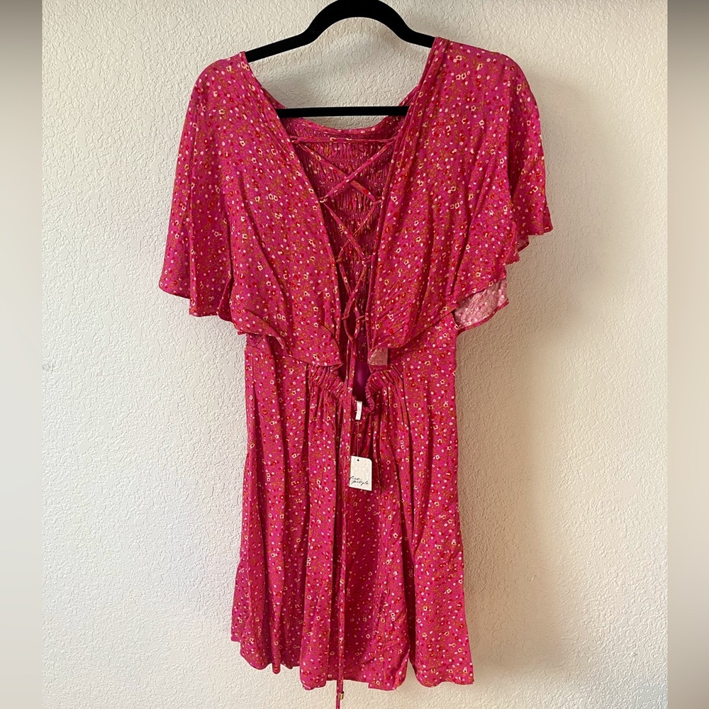 NWT Free People Florence mini dress women’s large floral pink flutter sleeve